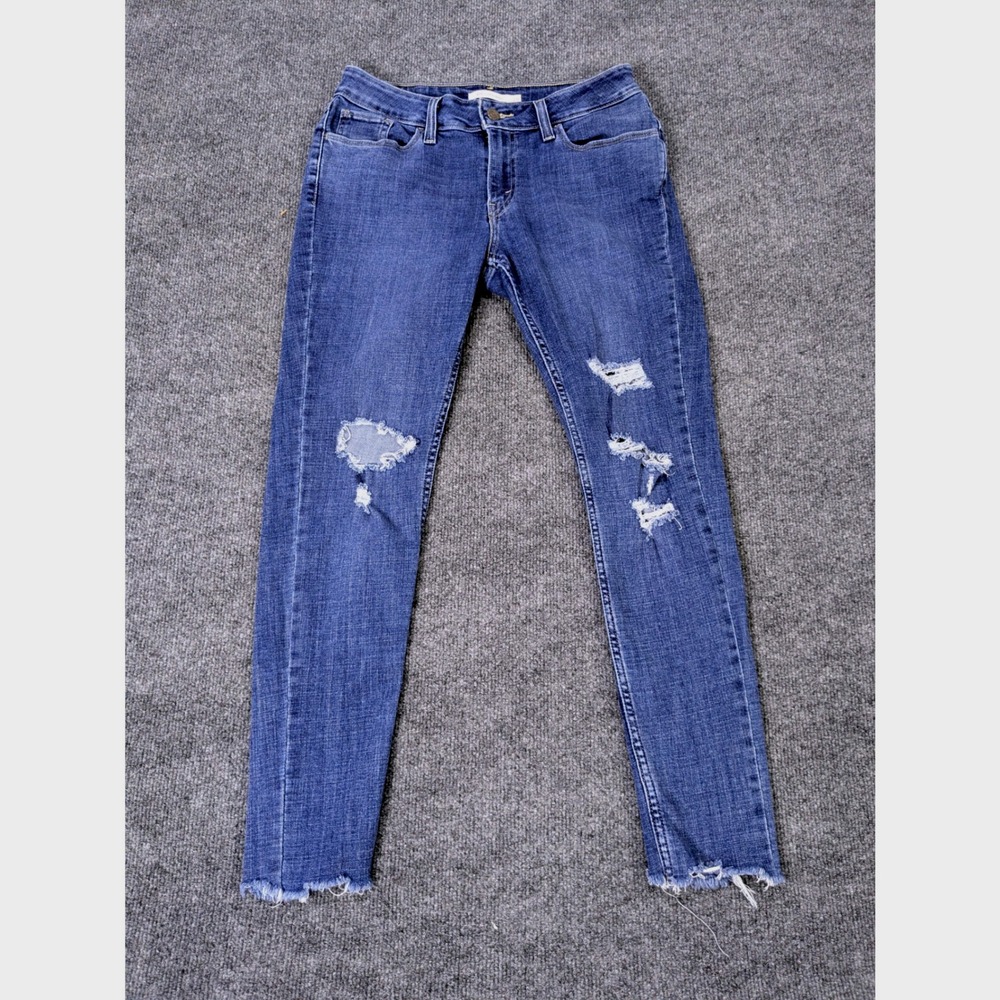 Levis 535 Super Skinny Jeans Womens 29 Blue Distressed Ripped Raw Hem Low Rise